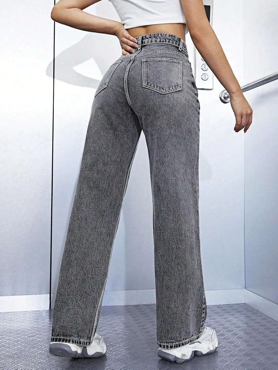 Женские классические джинсы Loose Fit с асимметричным высоким поясом и прямыми штанинами Generic, серый — фото 2