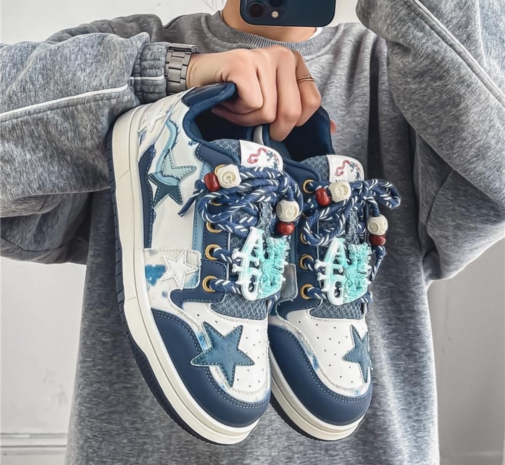Мужские массивные кроссовки Star Shoes Y2K в ретро-стиле, кожаные кроссовки на шнуровке, легкая и удобная обувь для ходьбы для мужчин и женщин Generic, синий — фото 4