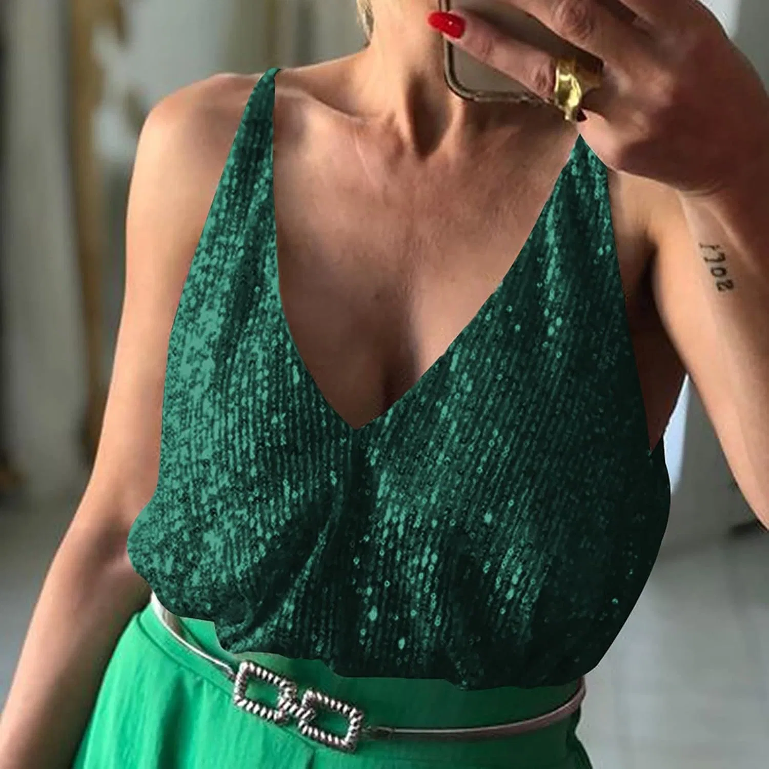 Блуза, свободная Cold Shoulder Ruffle Summer Midi Tops, зеленый — фото 2