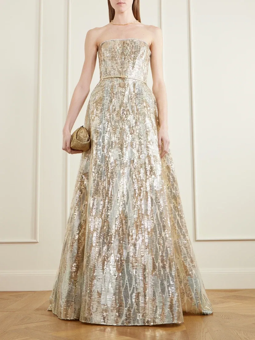 Вечернее платье из тюля без бретелек, украшенное пайетками, с поясом Elie Saab, золотой — фото 2