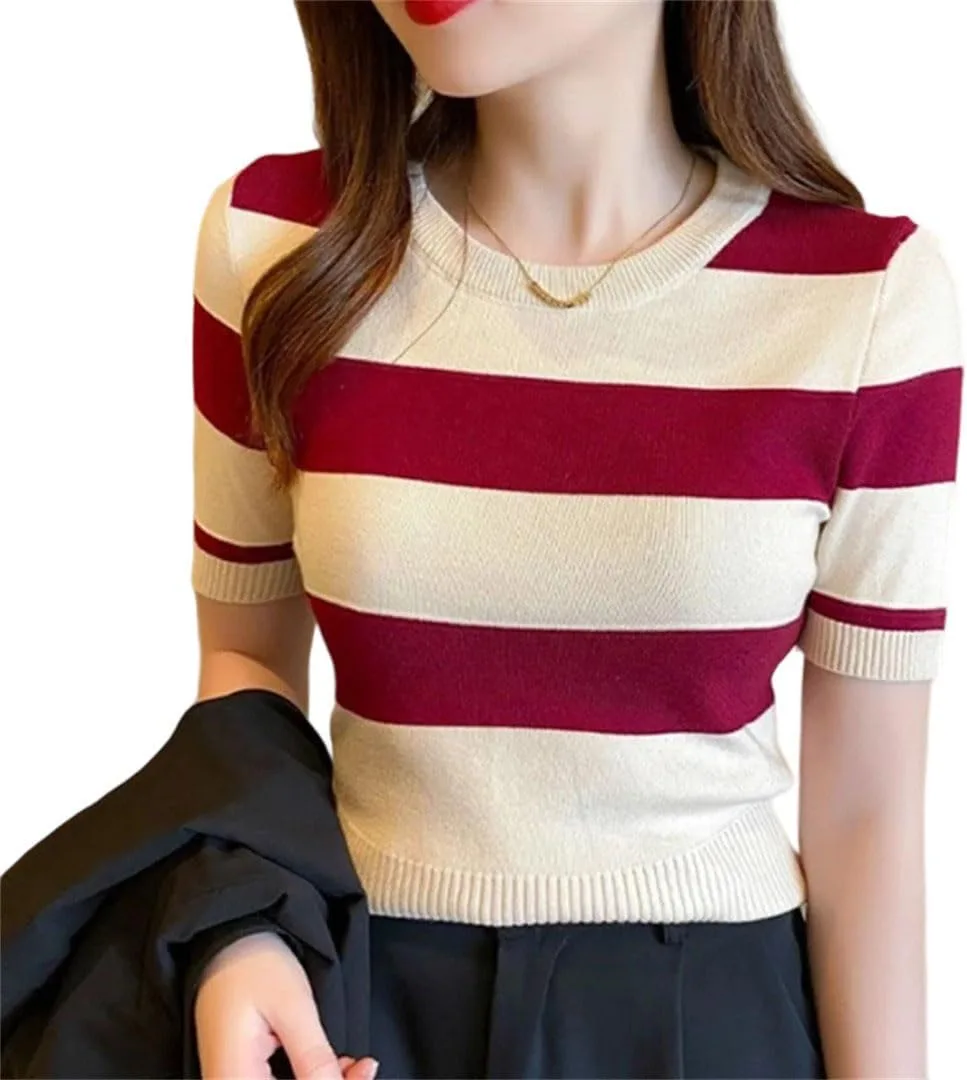 

Женская полосатая футболка с коротким рукавом и круглым вырезом