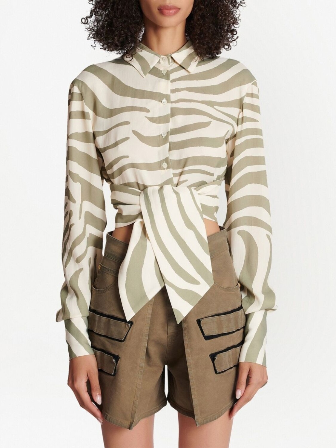 Balmain animal-print tie-waist shirt, нейтральный цвет — фото 3