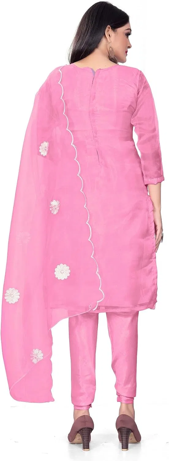 Женский индийский костюм сальвар камиз с вышивкой Organza Silk, Pink — фото 3