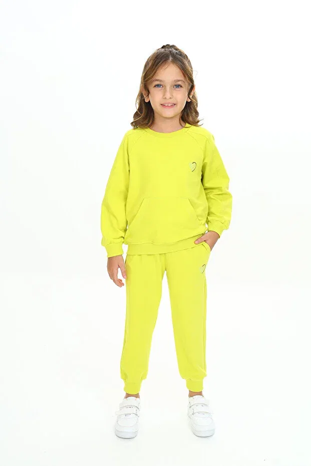 Детский спортивный костюм для девочек с принтом Raglan Sleeve Kangaroo Pocket Embroidered Tracksuit Set Toontoy, Light Green