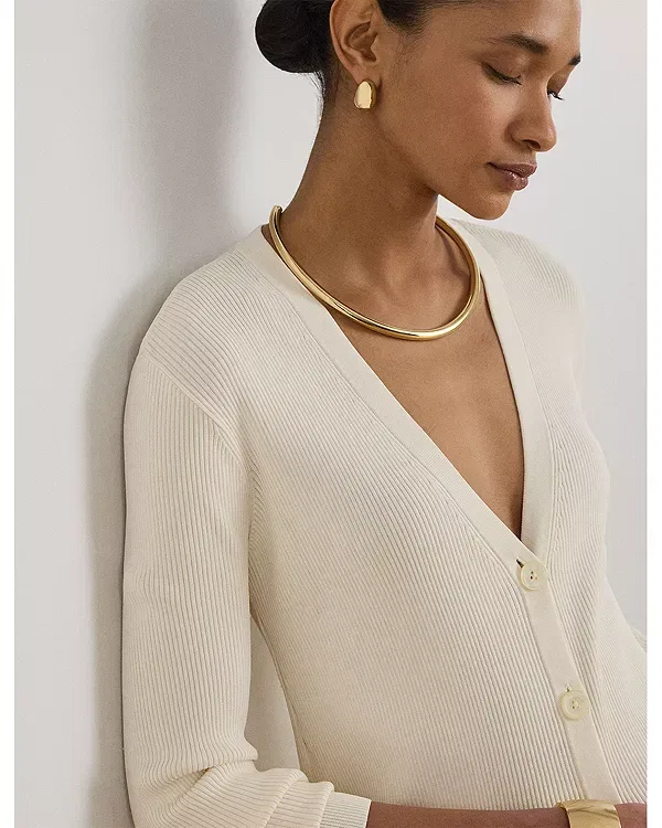 Женский кардиган с V-образным вырезом с длинным рукавом Ribbed v neck cardigan Ralph Lauren, Winter Cream — фото 4