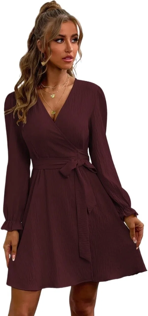 Женское A-силуэта платье с длинным рукавом Wrap, Maroon