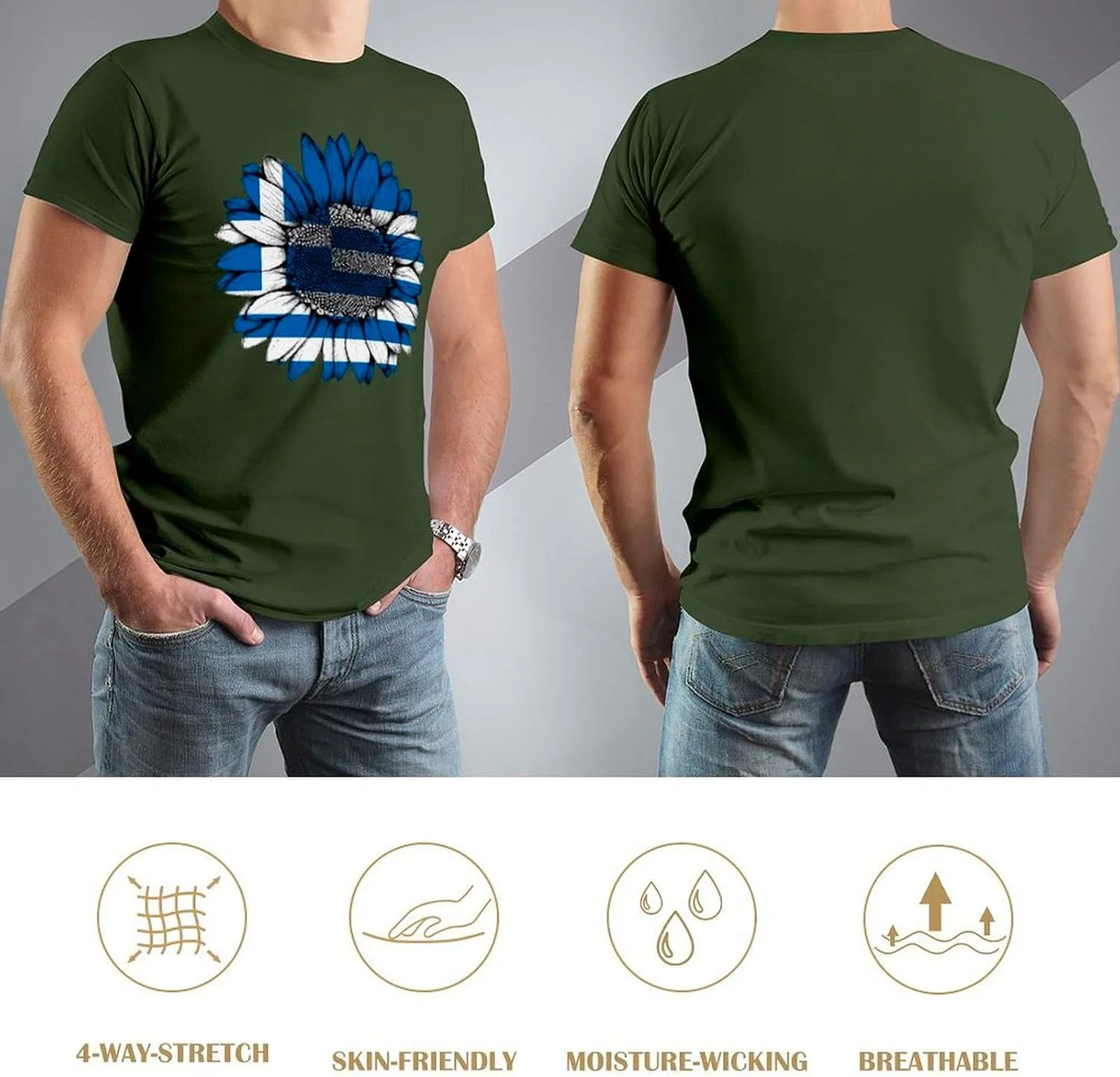 Мужская футболка поло с принтом флага, повседневная, Army Green — фото 4