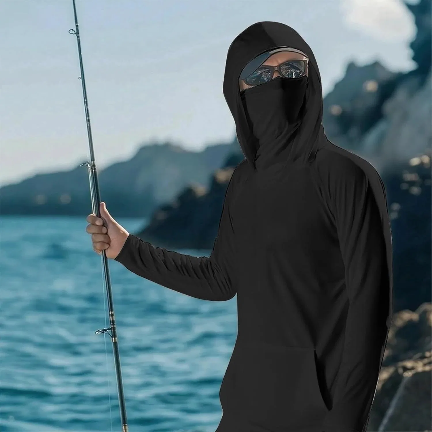 Мужская футболка с защитой от солнца UPF 50+ с маской, Black — фото 3