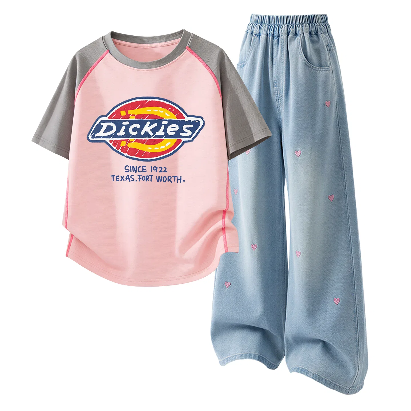 Детский комплект из футболки и джинсовых шорт, с принтом, Dickies, Suede Label White Solid Color Denim Light Blue — фото 4