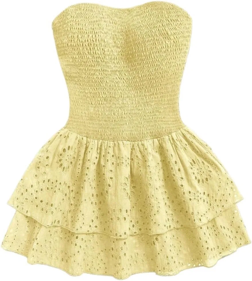 Женское короткое платье A-силуэта с ярусными слоями для отпуска, Yellow
