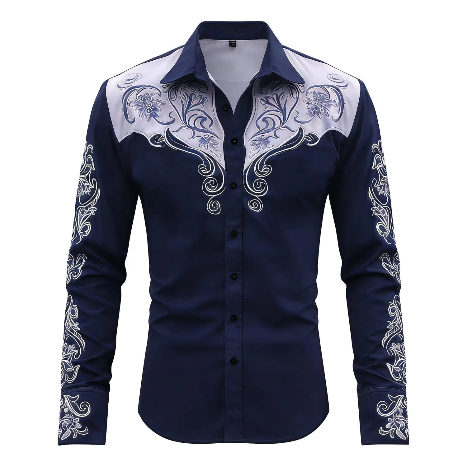Мужская рубашка с длинным рукавом с вышивкой Western Shirt Cowboy Costume, #017-navy — фото 4