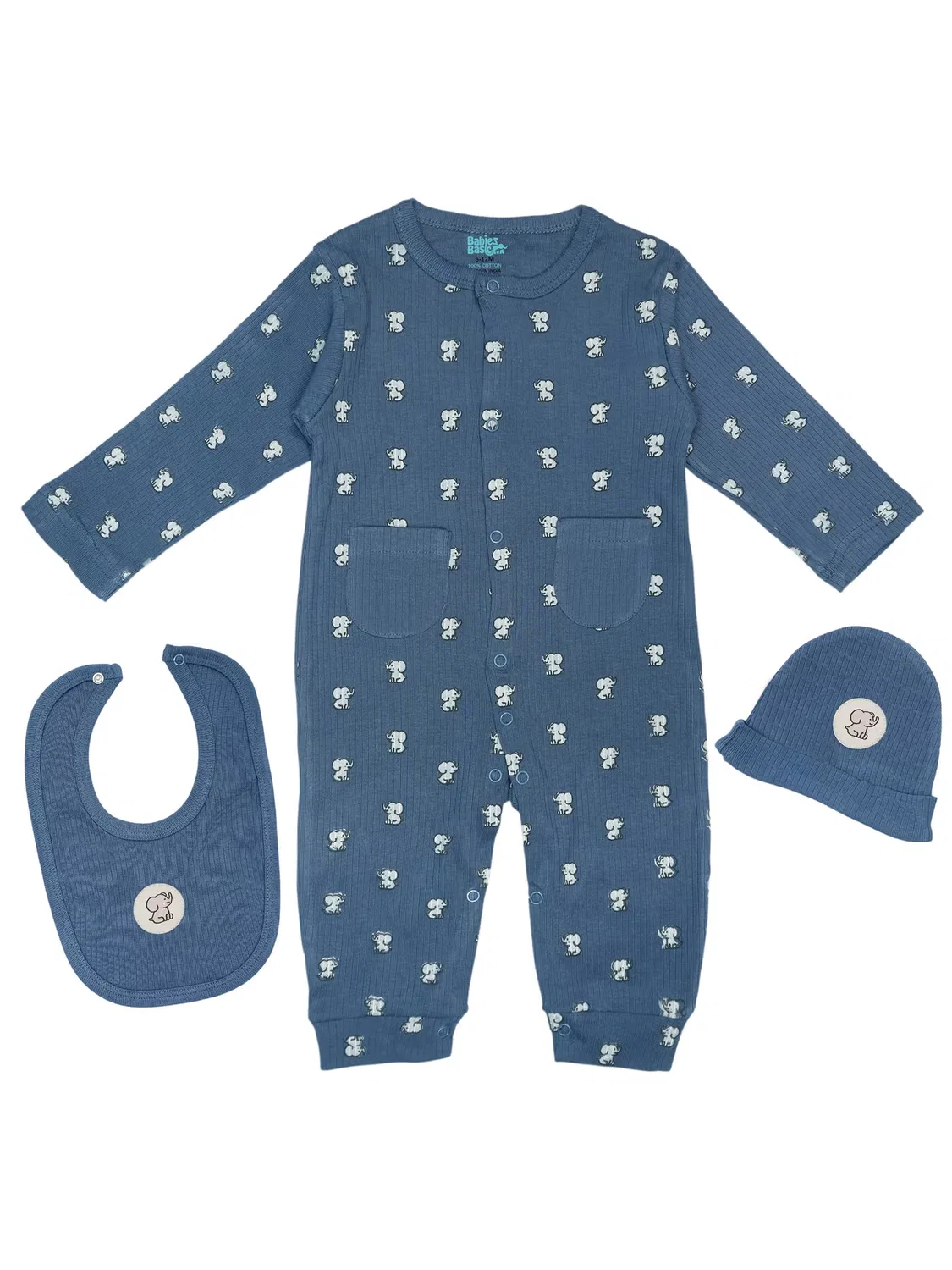 Комплект из риба с комбинезоном, шапочкой и слюнявчиком Babies Basic, синий