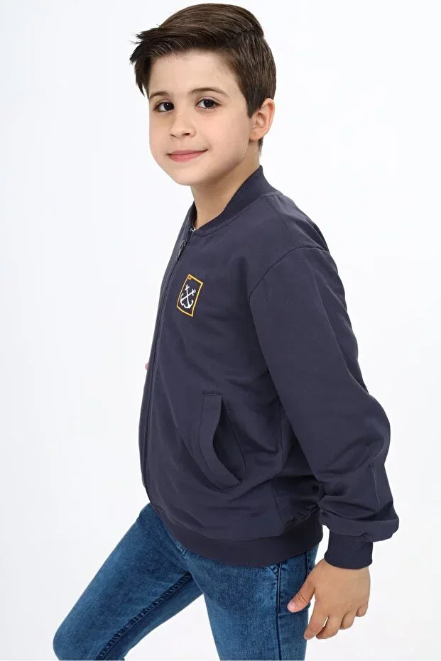 Детский кардиган для мальчиков с принтом Smoked boys' college collar zippered pocket embroidery printed knitted cardigan Toontoy, Smoke Grey — фото 3