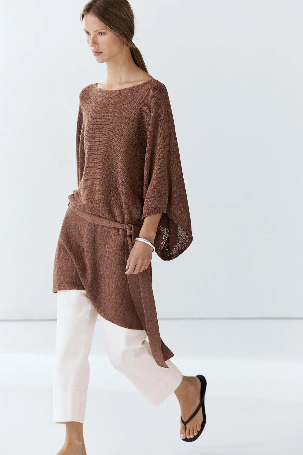 Свитер Massimo Dutti Cotton Blend Knit With Belt, коричневый — фото 3