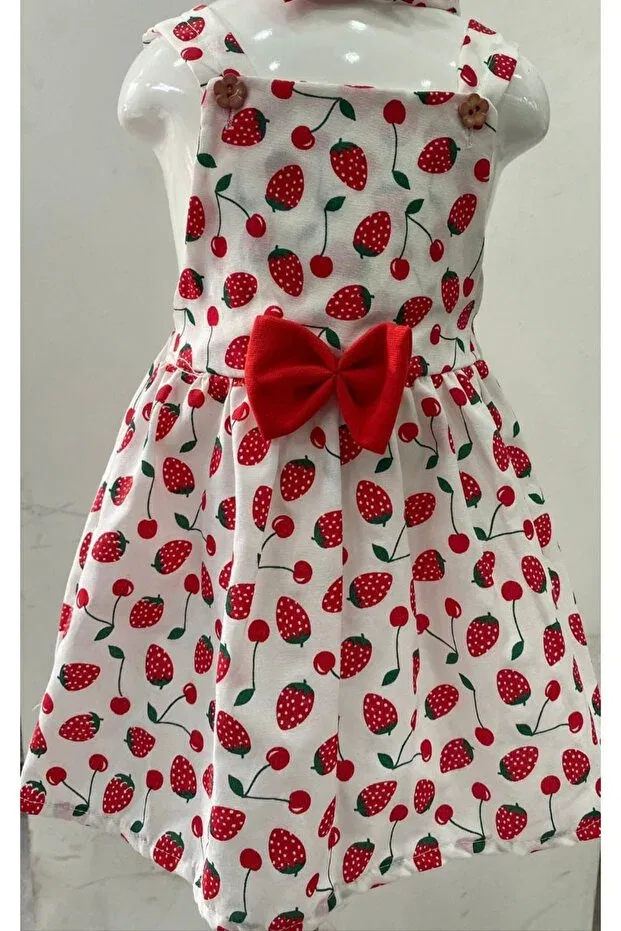 Детское платье-сарафан с принтом Baby Girl Patterned Salopet Dress with Hair Band Gift Karınca, White-Red — фото 2