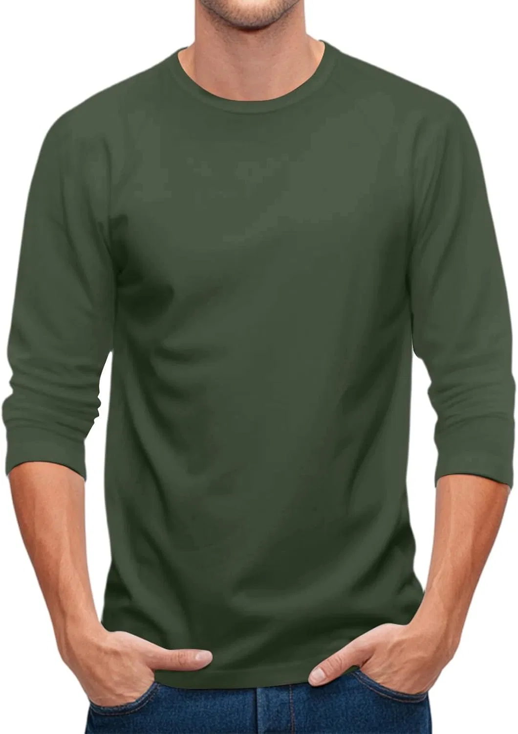 Мужская свободная футболка с длинным рукавом 3/4, Army Green — фото 4