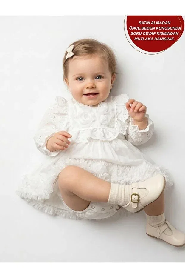 Детское платье для девочек кружевное Aster white long-sleeved lace-detail skirted baby girl special occasion festive dress Aysskids, White