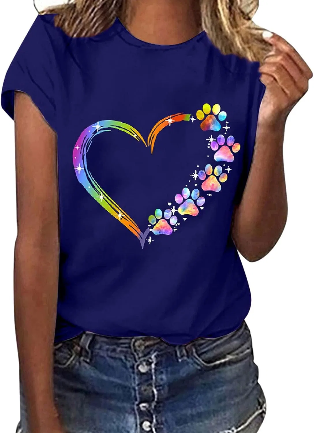 Женская футболка с коротким рукавом с принтом, Colorful Heart Paw Print, синий — фото 2
