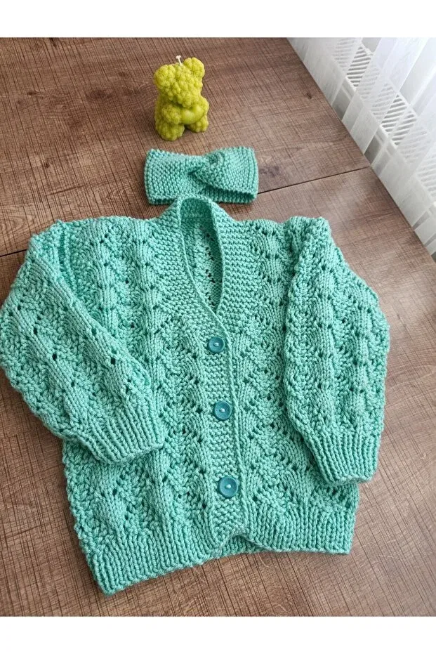 Детский кардиган ручной вязки с V-образным вырезом El Örgüsü Cici Bebe, Green — фото 3