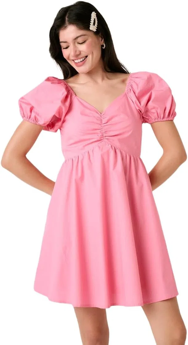 Женское мини-платье с пышными рукавами Sweetheart Puff Sleeve Smocked, Pink