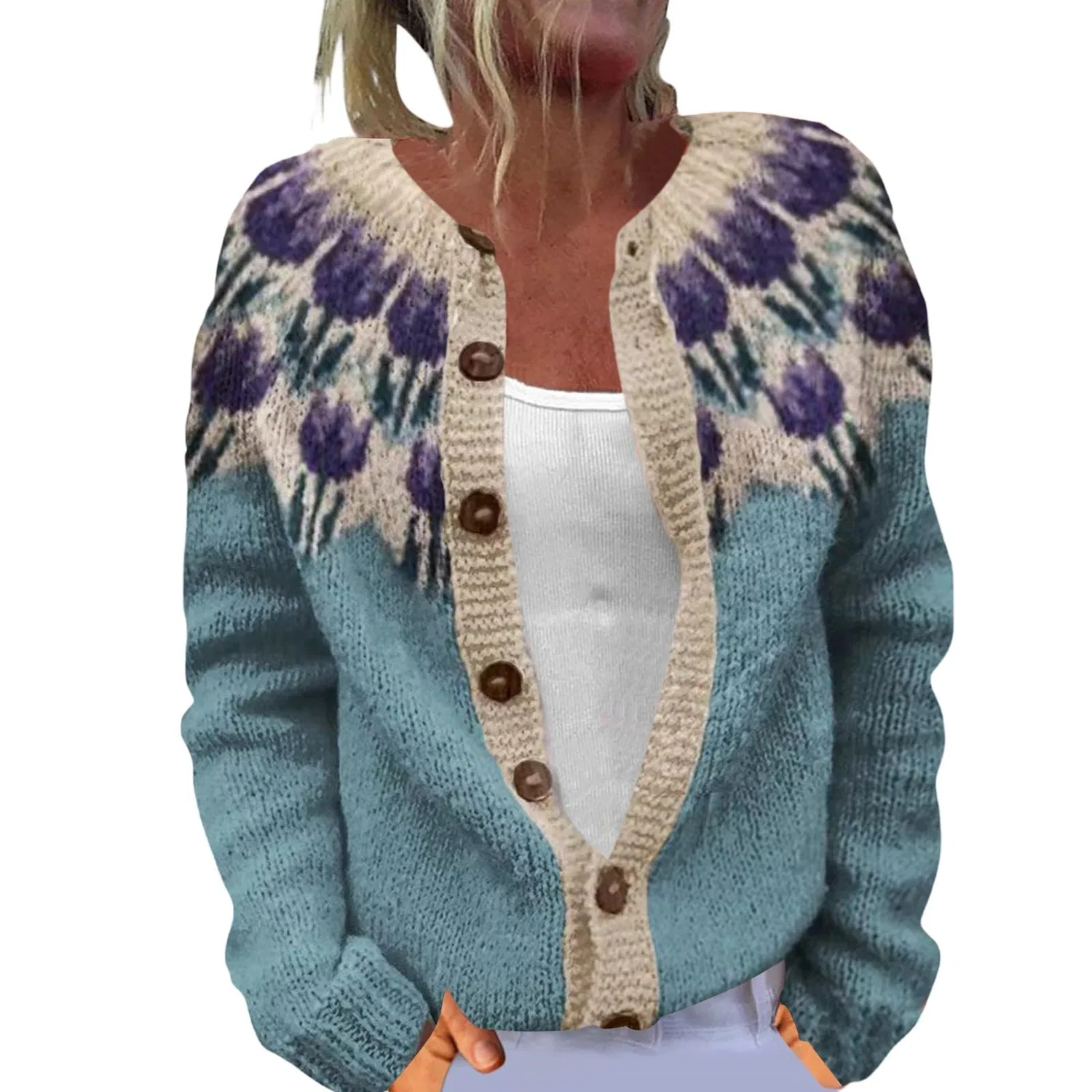 Женский кардиган с нордическим узором Fair Isle с длинным рукавом, Light Blue