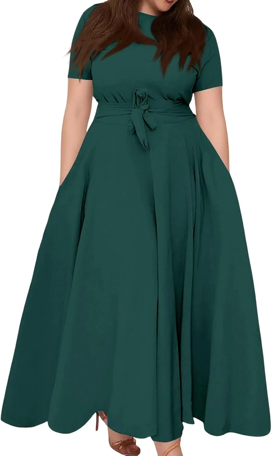 Женское макси-платье с круглым вырезом и коротким рукавом, Army Green