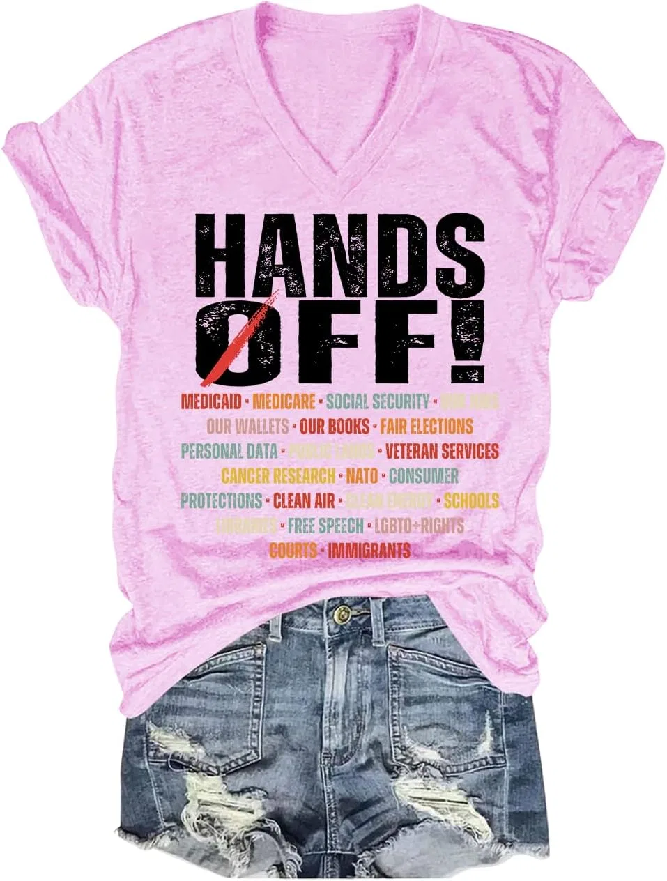 Футболка с V-образным вырезом с принтом Hands Off Protest, Pink