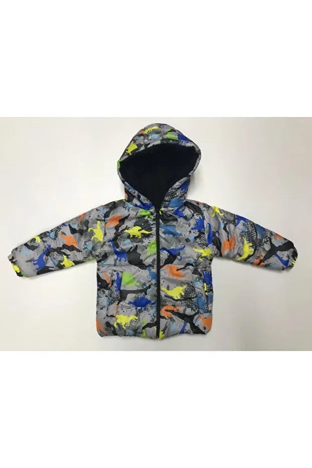 Детское пальто для девочек с капюшоном Winter zipper hooded fleece-lined inside dinosaur pattern water windproof baby boy children's coat, Baby Slon Kids Clup, Gri — фото 4