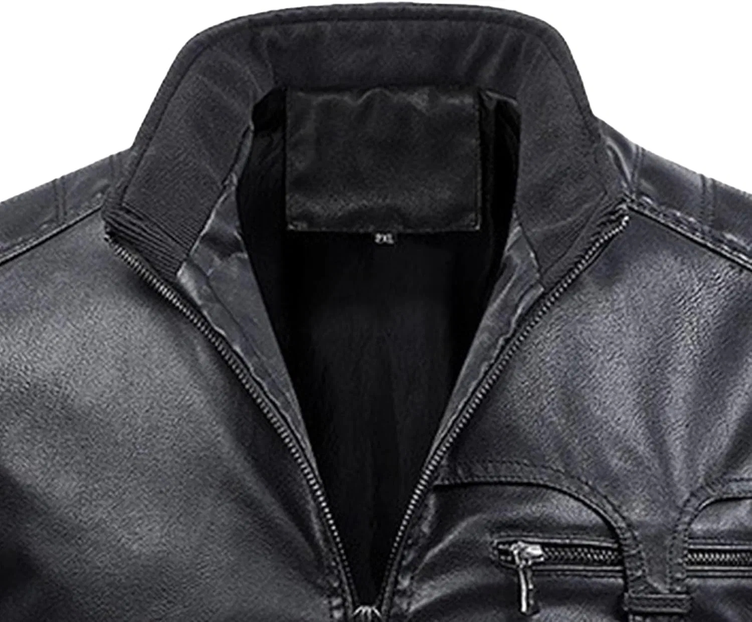 Мужская куртка из экокожи с воротником-стойкой, модель Leather Bomber Jacket With Zip, чёрный — фото 2