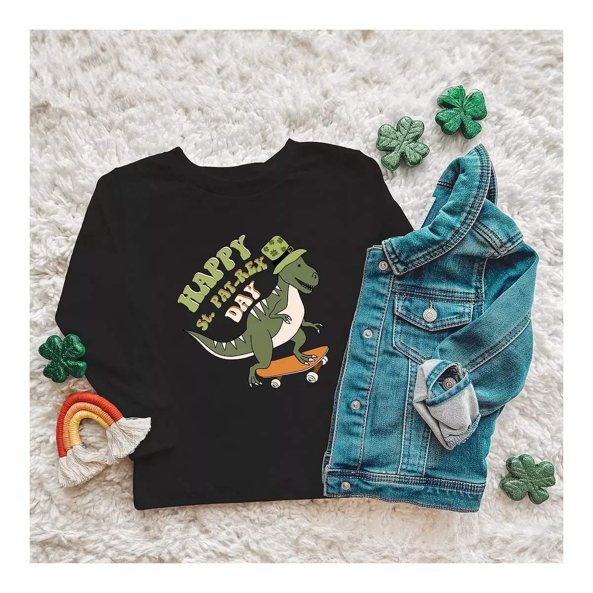 Детская футболка с длинным рукавом с принтом Happy St. Pat-Rex Day The Juniper Shop, Black — фото 2
