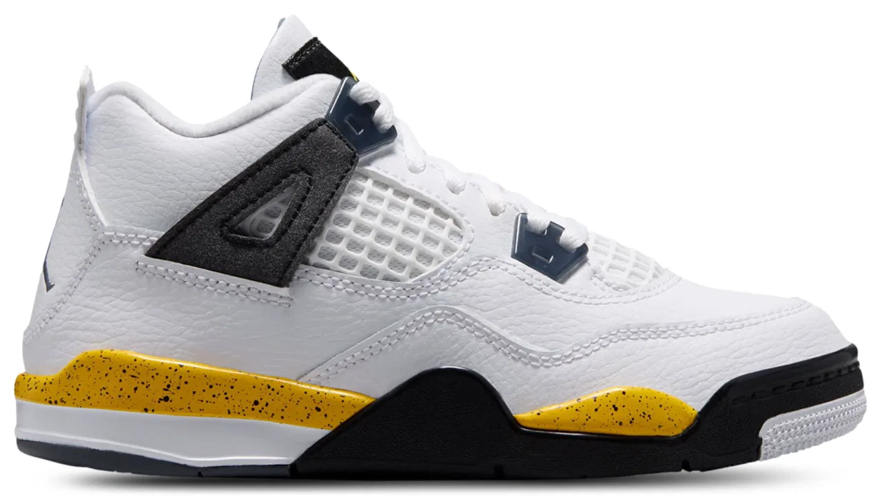 Детские баскетбольные кроссовки для мальчиков из кожи и нубука Jordan Retro 4, белый/синий/желтый