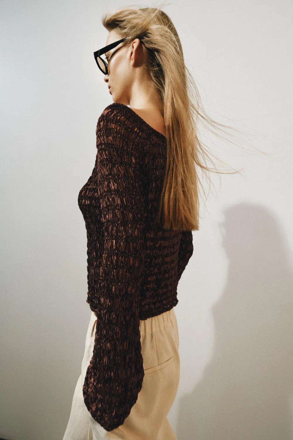 Вязаный джемпер с вырезом-лодочкой ZARA, Brown — фото 3