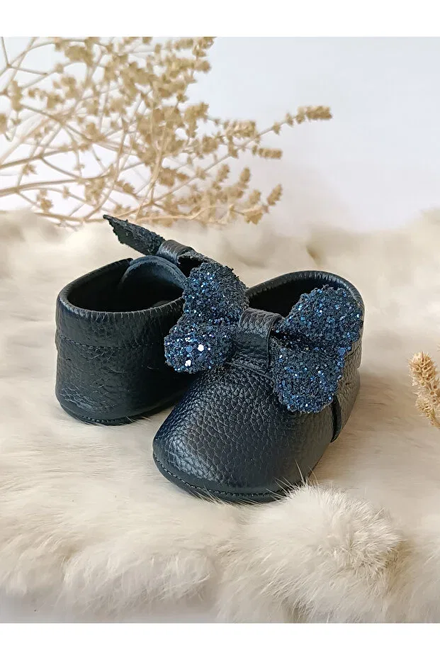 Детские кожаные лоферы для девочек с отделкой камнями Sofia stoned navy blue genuine leather baby loafer Hodore, Navy Blue With Stones — фото 3