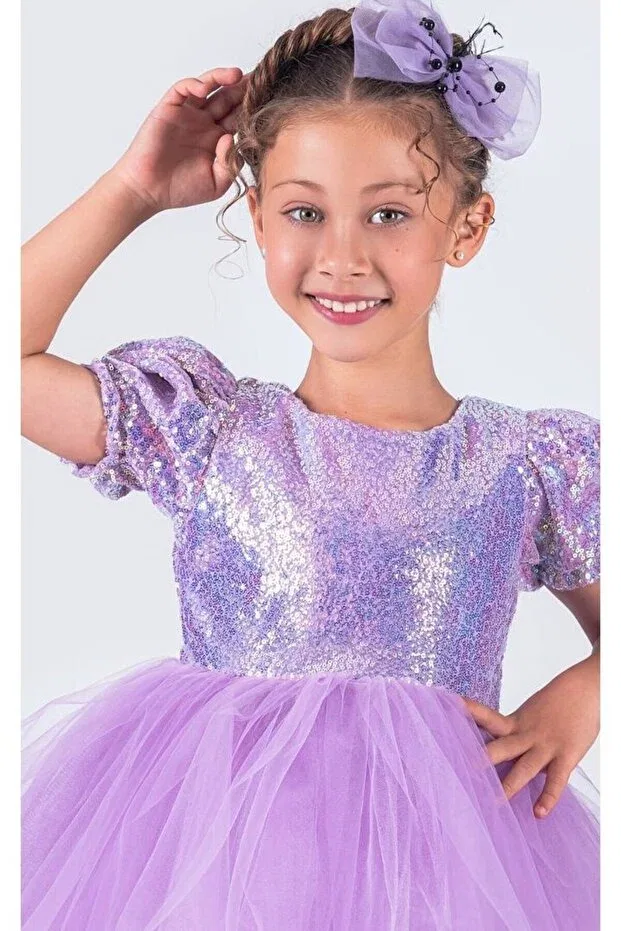 Детское платье для девочек с пайетками Lilac sequined short sleeve ball gown pageant gown april 23 kids evening dress Abiyekids, Lila — фото 4