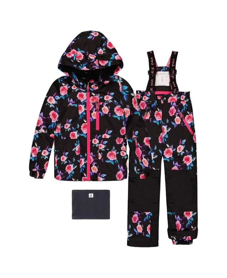 Детский зимний комплект из куртки и полукомбинезона с принтом Deux par Deux, Black Printed With Roses