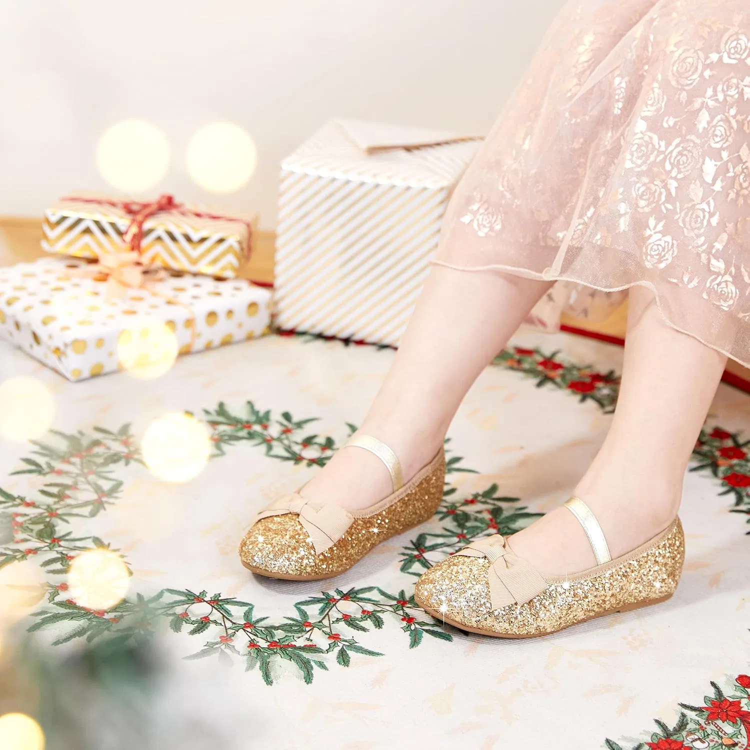 Детские туфли-балетки для девочек с бантом PHIRAMIN, Glitter Gold — фото 2