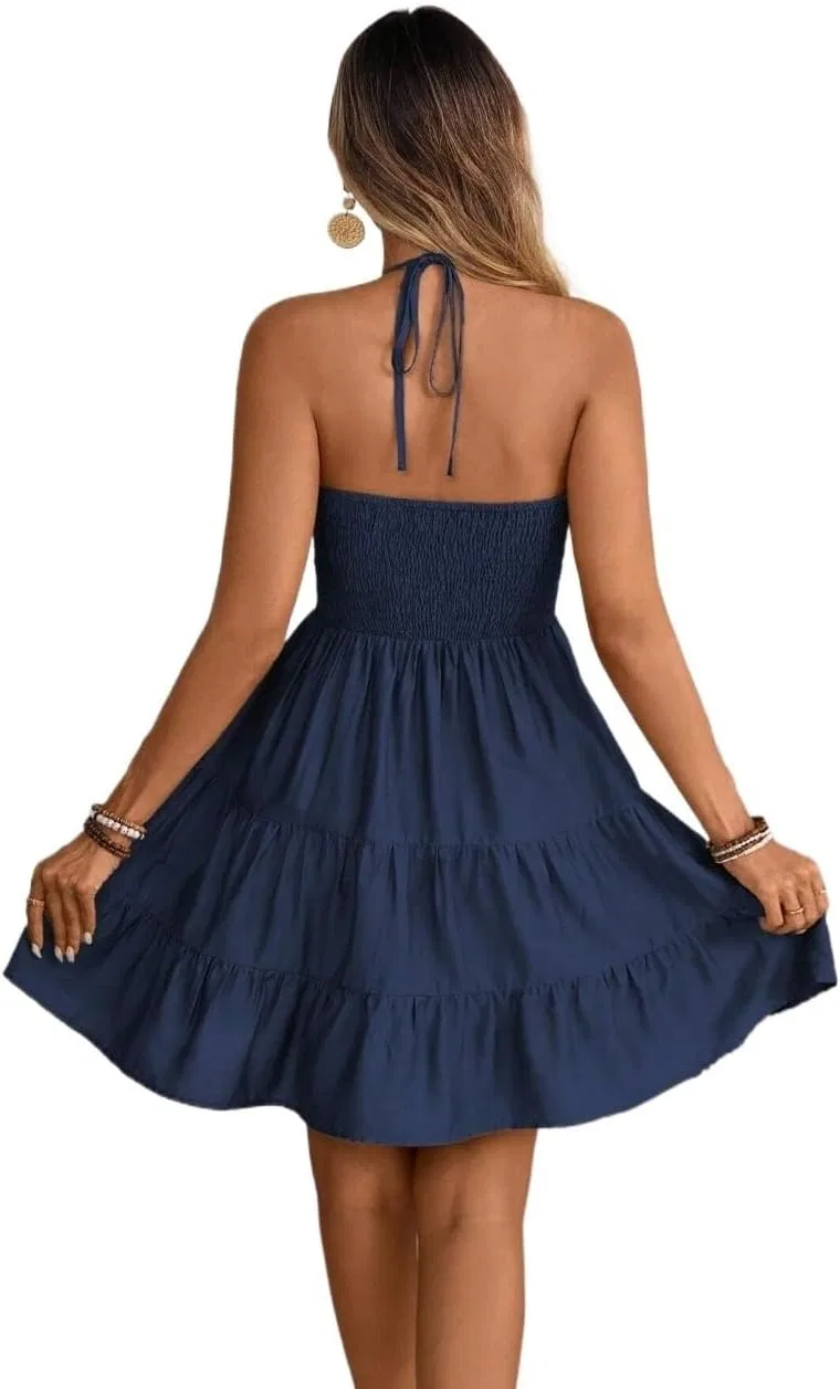 Женское пляжное мини-платье с воланами и регулируемыми бретелями, Navy Blue — фото 3