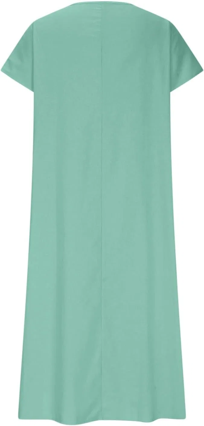 Женское летнее платье макси из льна с V-образным вырезом, Flowy Boho, Turquoise — фото 3