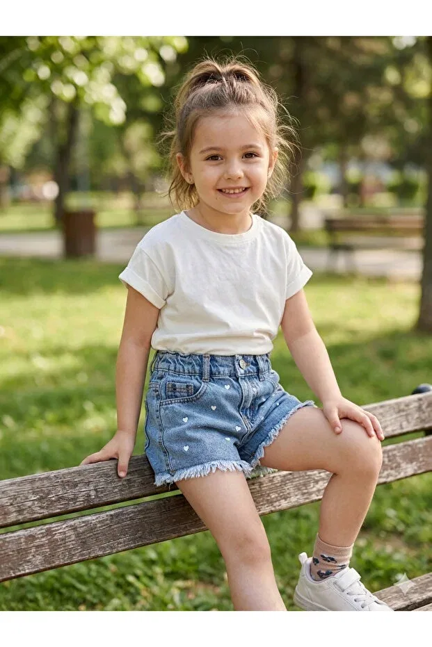 Детские джинсовые шорты для девочек с принтом Heart Detailed Tasseled Denim Shorts Dastini, Blue — фото 3