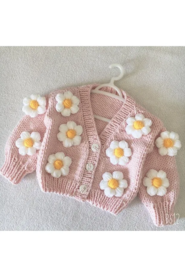 Детское для девочек вязаное укороченное кардиган с принтом Baby hand knitted daisy crop cardigan Generic Brands, Powder