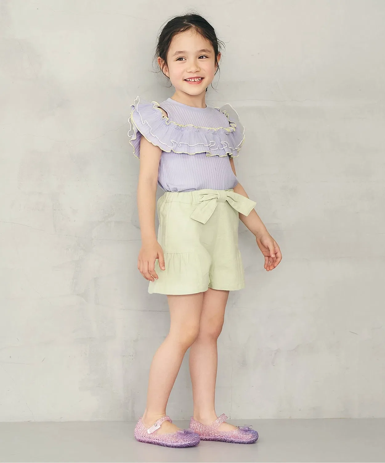 Детская футболка с длинным рукавомиз хлопка с тюлем, модель 2way shoulder, apres les cours, Pink — фото 3