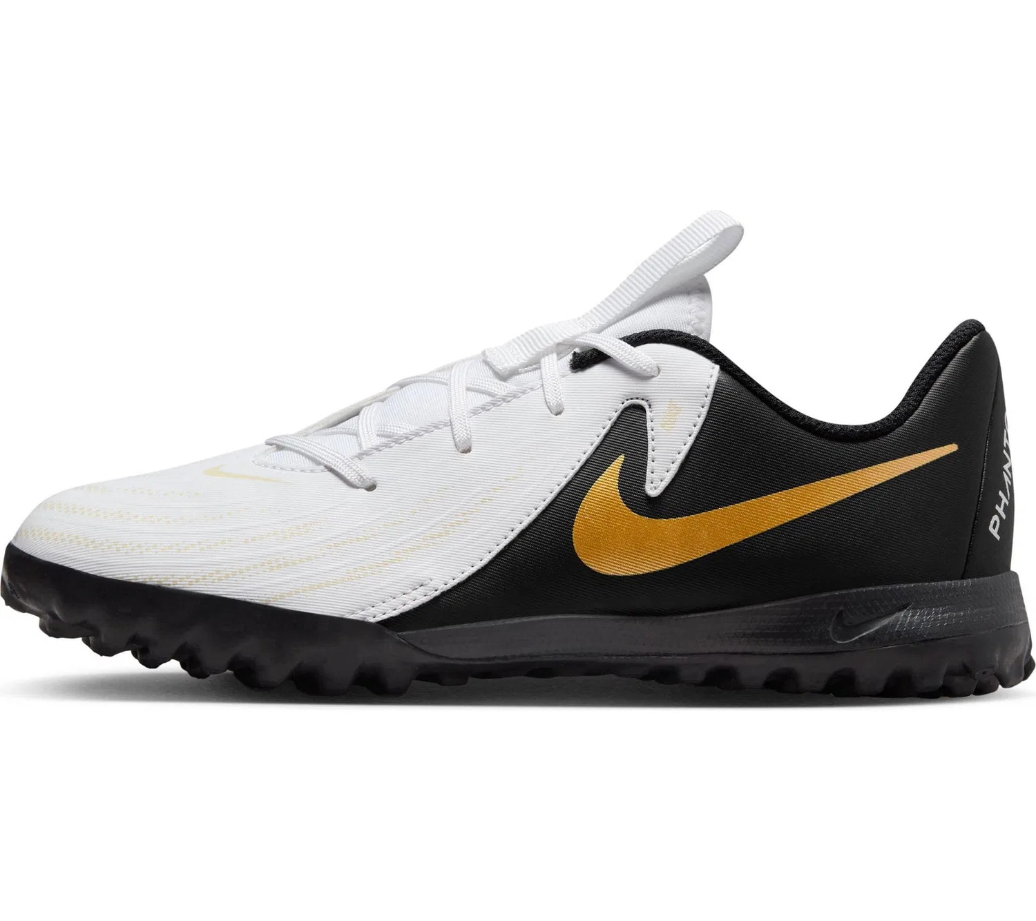 Детские бутсы футбольные для мальчиков с принтом Jr Phantom Gx Ii Academy Tf NIKE, White Black Mtlc Gold Coin