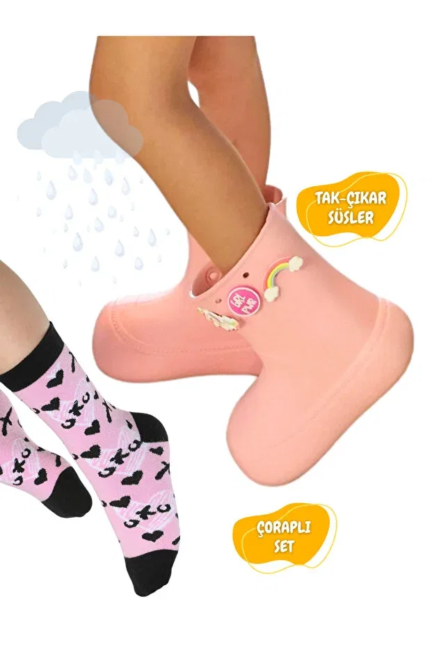 Детские дождевые сапоги для девочек с принтом Rain Boots and XO Socks Set Casabony, Powder Pink