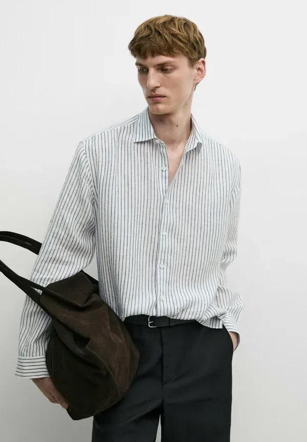 Рубашка из льна Striped Massimo Dutti, Mottled Dark Blue, темно-синий