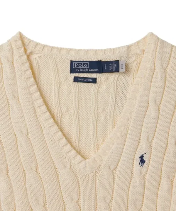 Свитер с V-образным вырезом, кабельная вязка, хлопок, Polo Ralph Lauren, натуральный — фото 3