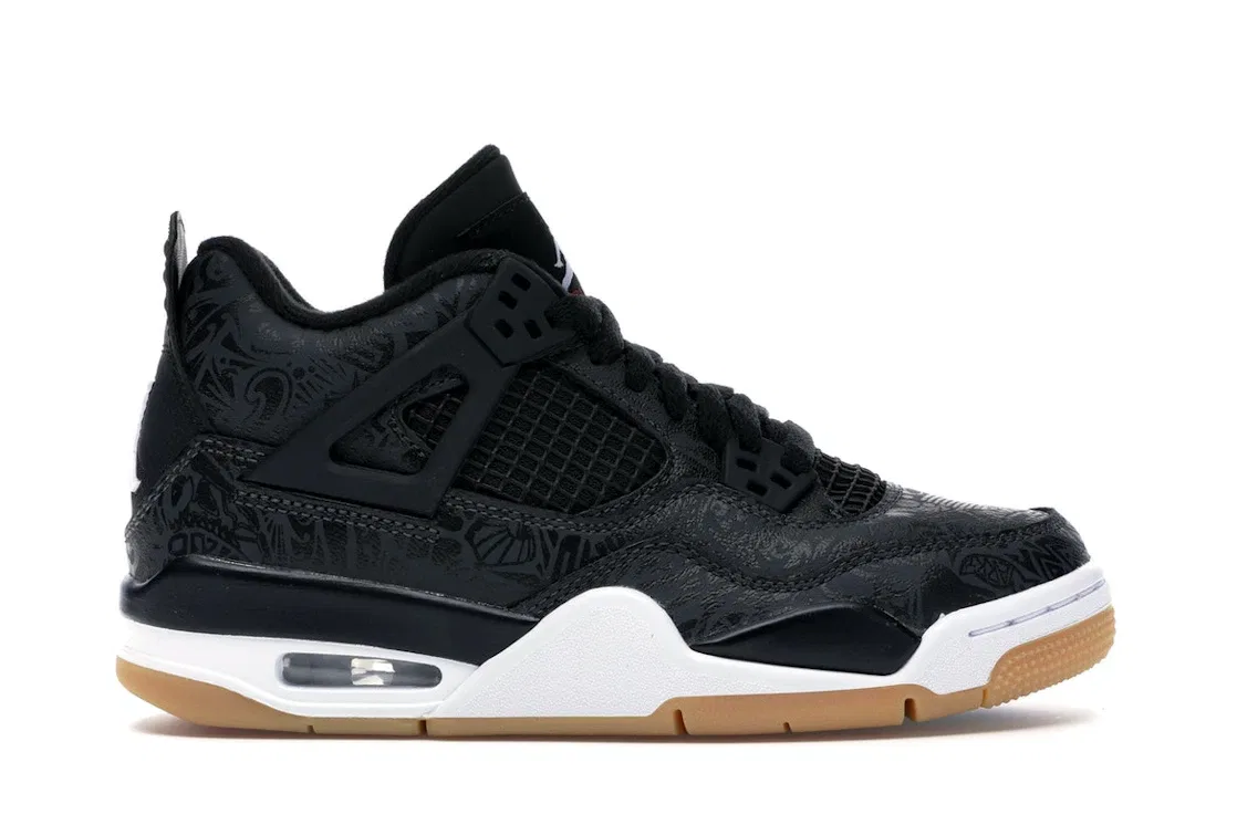 Детские кроссовки Lifestyle с лазерной гравировкой Jordan 4 Retro, Black/White-Gum Light Brown-University Red