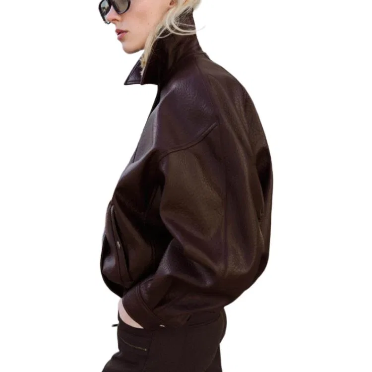 Женская кожаная куртка с лацканами Leather Jackets ZARA, Burgundy — фото 4