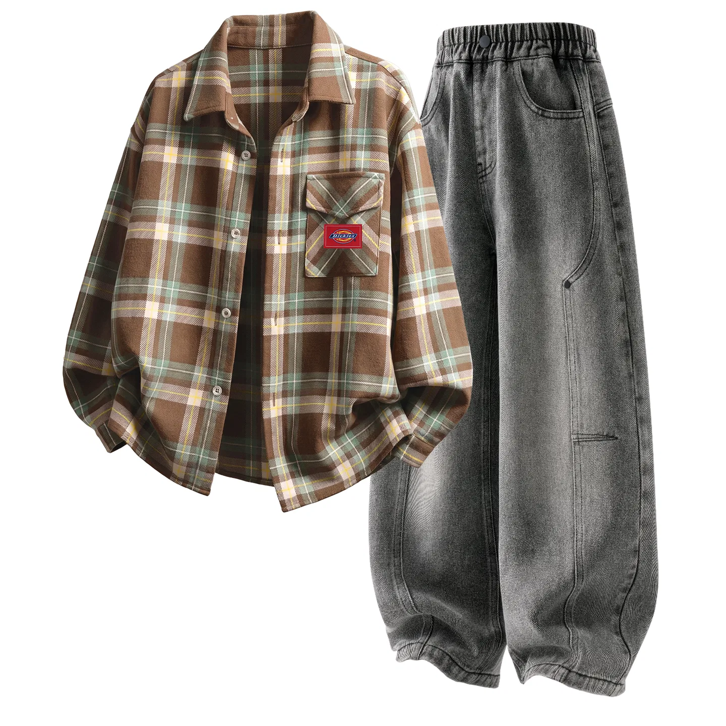 Детский спортивный костюм с принтом Rum Brown Plaid+Solid Color Gray Black, Dickies