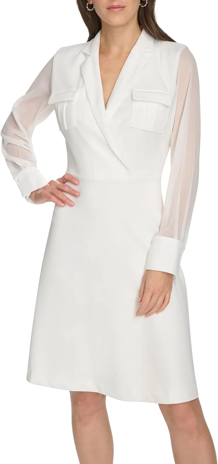 Женское платье с воротником и длинным рукавом Calvin Klein, White/White