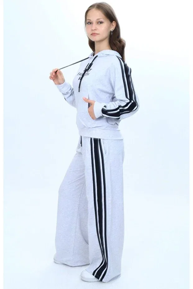 Детский спортивный комплект для девочек из футера Oversize 2 thread girls sports bottom & top tracksuit set Joui Co, Gray — фото 3